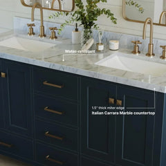 Double Bathroom Vanity with Edge Italian Carrara Marble Countertop & Splash, Rectangular Sinks,Closing Doors