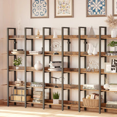 IRONCK Bookcase and Bookshelves Triple Wide 5 Tiers Large Open Shelves, Etagere Bookcases with Back Fence for Home Office Brown