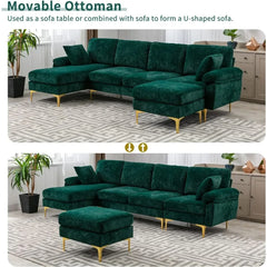 U-Shaped Sectional Sofa Couch, Modern Velvet Couch Set with Chaise Lounge, Ottoman and Pillows for Living Room Office Apartment