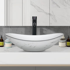 Countertop Sink Boat Shape Above Counter Porcelain Vessel Sink With Black Faucet and Pop Up Drain Combo Bathroom Furniture Home