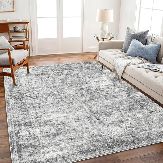 5x7  Area Rug Gray Vintage Rug Traditional Floor Cover Foldable  Indoor Distressed Non Slip Carpet Floral Print Mat Bedroom