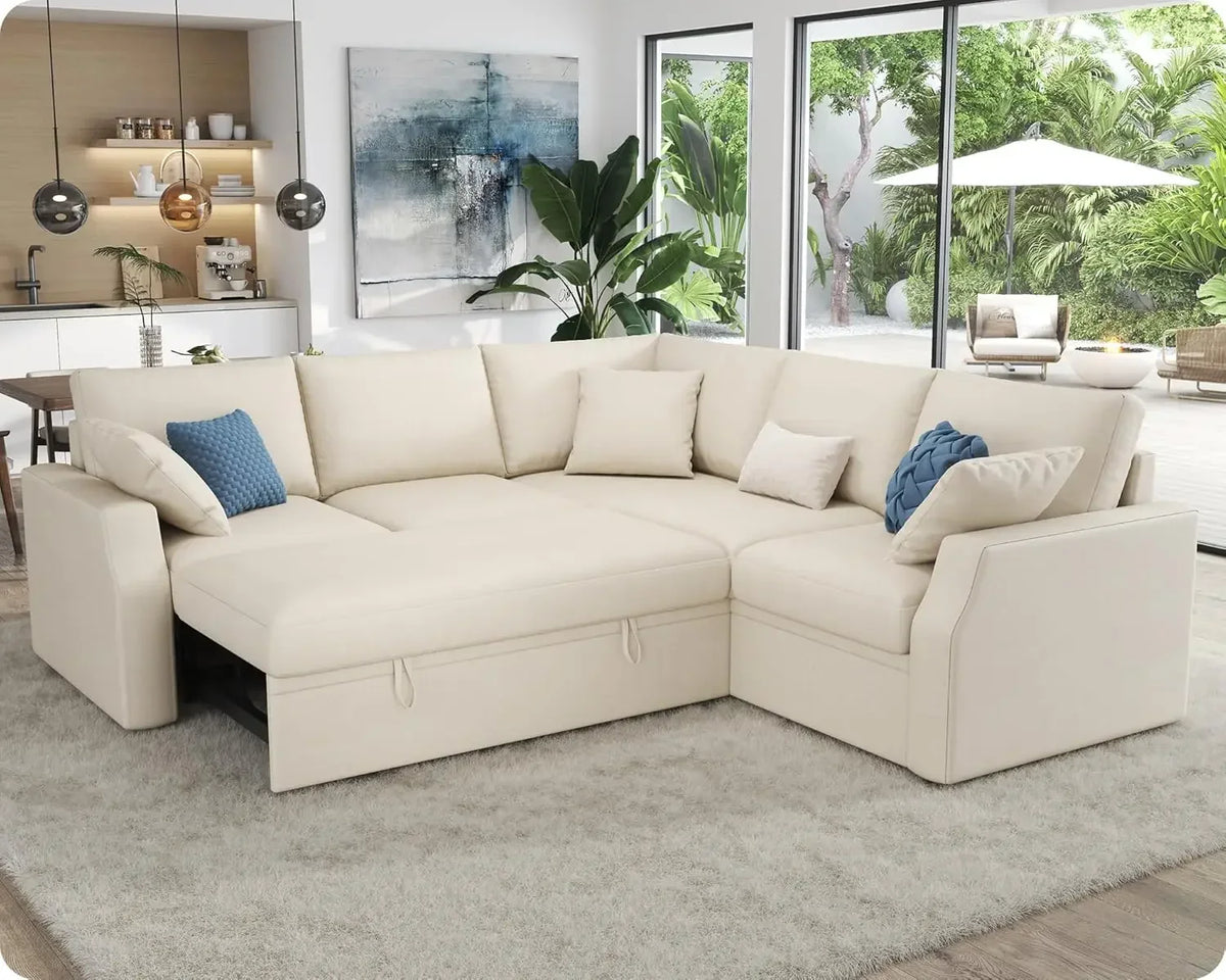 VanAcc Sofa Bed, 85 Inch Sleeper Couch with Storage Seat, L Shaped Sofa with Pull Out Sofa Bed, Sectional Couches