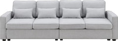 Linen Fabric Sofa with Armrest Pockets and 4 Pillows, Minimalist Style 4-Seater Couch for Living Room, Apartment