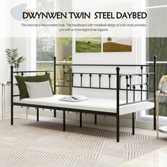 Daybed Frame Black Twin Size with Headboard Metal Steel Support Platform Mattress Foundation Bed Sofa No Box Spring