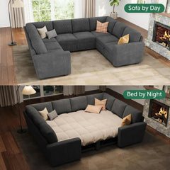 Modular Sectional Sleeper Sofa Bed, Corduroy Pull Out Couch with Storage Ottoman, U Shaped Sectional Couches for Living Room