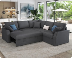 VanAcc Sofa Bed, 85 Inch Sleeper Couch with Storage Seat, L Shaped Sofa with Pull Out Sofa Bed, Sectional Couches