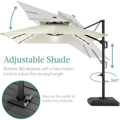 10x10ft 2-Tier Square Cantilever Patio Umbrella with Solar LED Lights, Offset Hanging Outdoor Sun Shade