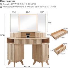 Fluted Makeup Vanity Desk with 3 Way Mirror and Lights, 48" Large Corner Vanity Table with Glass Top, Charging Station, 3 Drawer