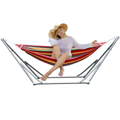 Double Hammock with Space Saving Metal Stand and Carrying Bag Indoor Hammock Stand Striped Print Dual-bar Rainbow Hanging Bed