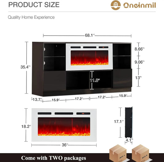 Fireplace TV Stand with 36” Electric Fireplace 70” TV Console Stand for TVs Up to 80" LED Light Entertainment Center Black