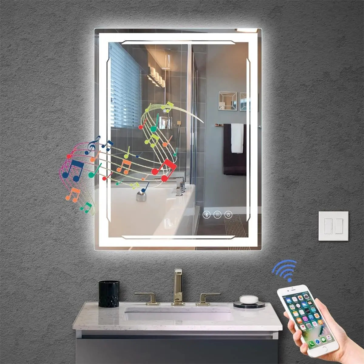 24x32 Lighted Bathroom Mirror with Bluetooth Speaker - Smart LED Makeup Wall Mounted Mirrors - 3 Lights Setting Anti-Fog