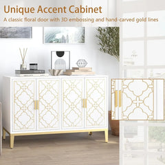 48" Sideboard Buffet Cabinet with Storage, White & Gold Floral Accent Storage Cabinet with 4 Doors, Credenza for Living Room