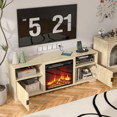 68" Fireplace TV Stand for TVs up to 70" with 23" Electric Heater, Media Console Cabinet with Storage Shelves, Fluted Door