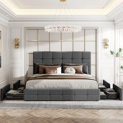 HOOMIC Platform Storage Bed Frame with 4 Drawers, Adjustable Headboard with Square Stitched Button Tufted Design Allewie