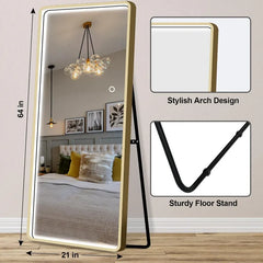 Full Length Standing Mirror with LED Lights,3 Colors Dimmable Lighting Round Rectangle Full Body Mirror, Wall Mirror