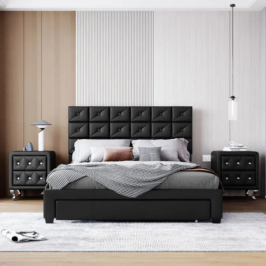 3-Pieces Bedroom Sets,Queen Size Upholstered Platform Bed with Two Motion Activated Night Lights and Two Nightstands