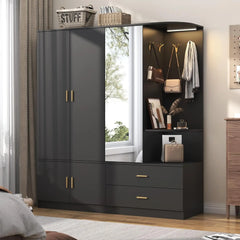 Armoire Wardrobe Closet with Mirror and Sensor Light, Bedroom Armoire with 5 Doors 2 Drawers, Modern Wooden Large Wardrobe