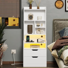 Tall Night Stand with Charging Station and LED Lights,White Nightstand with Bookshelf,Bedside Table with Drawers & Power Outlets