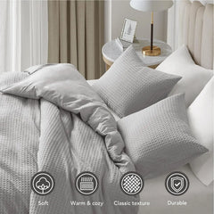 Duvet Cover Queen - Waffle Weave Textured Soft 3 Pieces Bedding Comforter Cover with Pillowcase for All Season (No Comforter