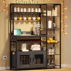 Bakers Rack with Power Outlet, 47.2in Microwave Stand with Storage Shelves, Coffee Bar with Cabinet, Kitchen Pantry Hutch