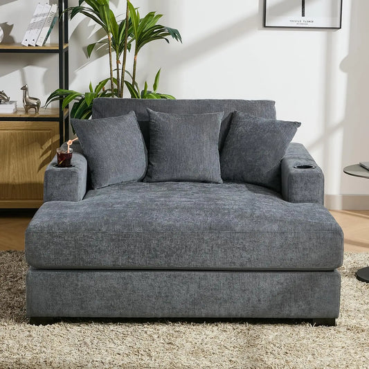 Indoor Oversized Chaise Lounger, Chenille Fabric Sleeper Sofa Couch with Pillows, Charge Station & Cup Holders