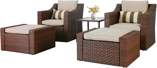 5 Piece Patio Conversation Set Outdoor Furniture Set, Brown Wicker Lounge Chair with Ottoman Footrest, W/Coffee Table & Cushions