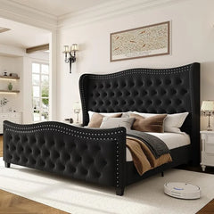 King Bed Frame, 55" Headboard Upholstered Beds, Velvet Handmade Pleats Deep Button Tufted Wingback Platform Beds, Bed