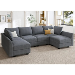 Couch, U-Shaped Modular Sectional Sofa, Sectional Couch with Storage Seats U Shape Sofa-2, Bluish Grey Sofa