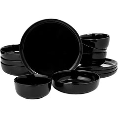 16 Piece Porcelain Dinnerware Set, White w/Black Rim, Service for 4, Dishwasher and Microwave Safe