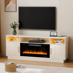 70'' TV Stand with 36'' Fireplace-LED Light Entertainment Center for 75+ inch TV-White TV Cabinet with Storage