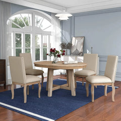 5-Piece Farmhouse Dining Table Set Wood Round Extendable Dining Table and 4 Upholstered Dining Chairs