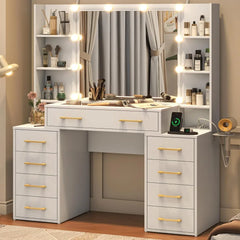 Glass Top Vanity Desk with Mirror & Lights, Large Vanity Makeup Mirror Desk with Charging Station & Compartment Storage Drawers,