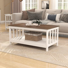 Farmhouse Coffee Table,   Living Room Table with Shelf, 39.9L*22W*18.1H