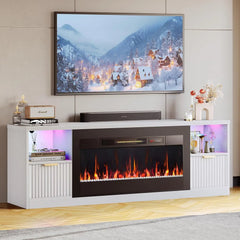 70” Fireplace TV Stand for TVs Up to 80", Modern Entertainment Center with 36" Electric Fireplace & LED Lights, Fluted Media