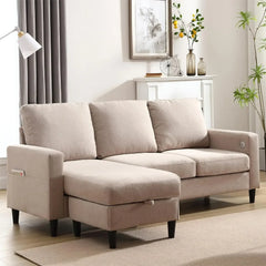 L-shaped 3-seater Convertible Combination Sofa with Storage Lounge Chair and Cup Holder, Living Room Furniture Set