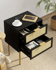 Rattan Nightstand with Charging Station, 2 Drawer Dresser for Bedroom, Small Bedside Table with 2 Drawers, Night Stand,