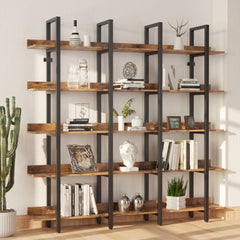 IRONCK Bookcase and Bookshelves Triple Wide 5 Tiers Large Open Shelves, Etagere Bookcases with Back Fence for Home Office Brown