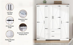 4 Doors Wardrobe Armoire Closet with Doors and Drawers, Farmhouse Wooden Armoire Storage Cabinet with Shelves & Hanging Rod