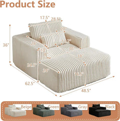 Oversized Chaise Lounge Chair with Removable Ottoman,Corduroy Upholstered Modern Deep Seat Sofa Couch with Pillows