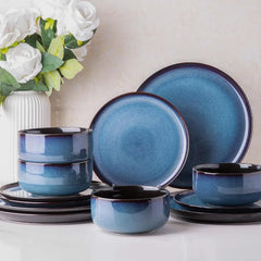 Ceramic Dinnerware Sets,12-Piece Plates and Bowls,Handmade Reactive Glaze Dishes Set,Chip Resistant and Scratch Resistant