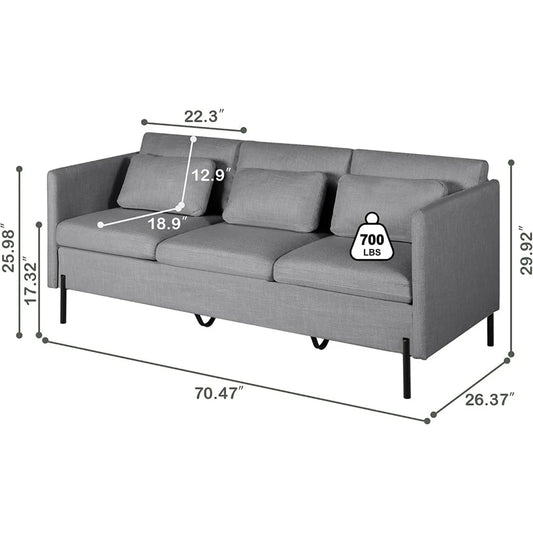 Inch Sofa Couch, 3 Seater Couches for Living Room, Comfy Sofas w/3 Pillows and Iron Legs, Fabric Sofa for Small Spaces