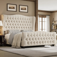 Queen Size 54.3” Tall Platform Bed Frame with Deep Button Tufted Wingback Headboard and Footboard, Velvet Upholstered Bed Frame