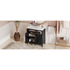 36" Black Bathroom Vanity Cabinet with Resin Integrated Sink - 2 Drawers, 3 Doors