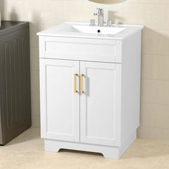 Vanity with Ceramic Sink, Bathroom Vanity Cabinet with 2 Doors, 24 Inches Wooden Bathroom Sink Cabinet, White