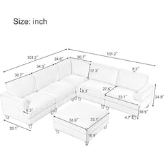 L/U 6 Seaters Free Combined Corner Sofa&Couch Convertible Spacious Sleeper Sofabed for Living Room with Movable Ottoman