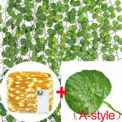 Artificial Plants Rattan Green Ivy Leaf with String Lights DIY Garland Wedding Party Decoration Home Room Wall Hanging Plants