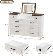 Dresser with Mirror, White Dresser for Bedroom, 8 Drawers Dressing Table with Charging Station, Farmhouse Makeup Vanity, Vanity