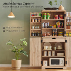 Fluted Pantry Cabinet,  Modern Storage Cabinet with 4 Doors, Organizer, Drawer and Adjustable Shelves, Wood Cupboard