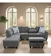 L Shaped Sofa with Ottoman Modern Sectional Living Room,Bedroom,Office,L Couch Brown