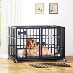 42 Inch Heavy Duty Metal Dog Crate for 2 Large Dog,All Metal Open Top Stackable,Dog Kennel Indoor with Divider and Feeding Bowl